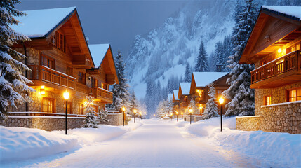 Fototapeta premium Cozy alpine village street covered in fresh snow with warm chalet lights and mountains, winter travel destination and holiday atmosphere, peaceful evening scene background, copy space.