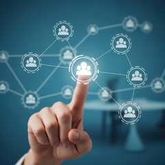 Finger points at glowing human icons connected by lines, representing network