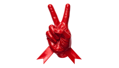 Red hand making the peace sign, with a red ribbon at the base