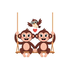 Two playful monkeys on a swing with an owl and a heart