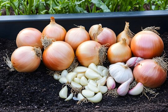 Fresh onions garlic and shallots in dark soil vegetable