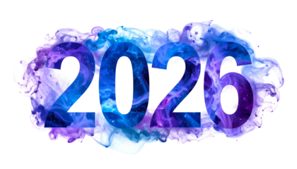 White numerals "2026" with a nebula-like background