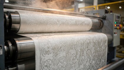 Embossed pattern develops on canvas as it moves through the heated rollers of a textile finishing calender line creating tactile designs and raised textures for decorative effects.