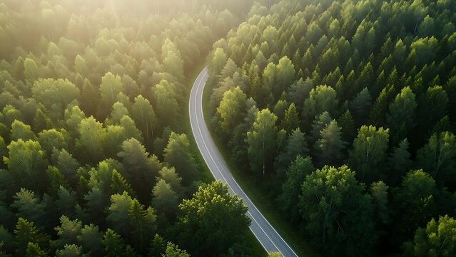 Aerial view of winding road through dense green forest with sunlight filtering through trees dense forest 1 - Powered by Adobe