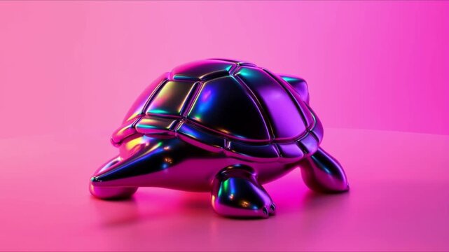 3D neon turtle toy rotating slowly pink background, glossy reflective shell, vibrant multicolor neon streaks reflecting surfaces, futuristic toy glowing ambient lights particle sparkles, high-detail