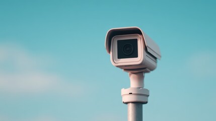 Monitoring urban spaces cctv surveillance camera on pole against clear sky city environment aerial view technology concept