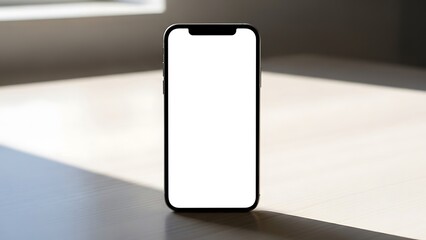 Black smartphone with blank screen standing upright on a wooden surface in a well-lit room