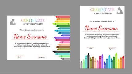 Colorful certificate with red, blue, green, and yellow crayons; includes both portrait and landscape versions