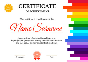 Bright certificate featuring rainbow-colored vertical bars, perfect for creativity, innovation, and design awards