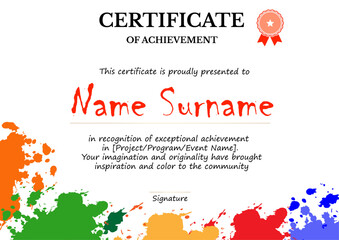 Certificate of Achievement with orange, green, yellow, red, and blue paint splashes, ideal for art contest