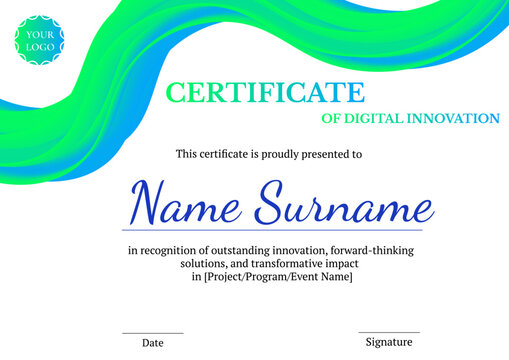 Certificate of Digital Innovation with green and blue wave design, recognizing creativity and forward-thinking