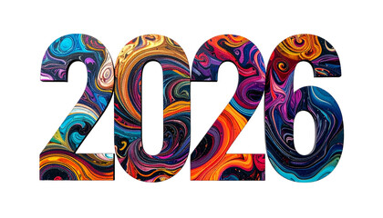 Colorful "2026" text filled with abstract, swirling, vibrant patterns