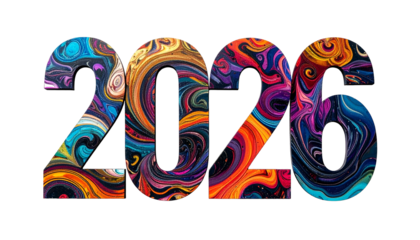 Colorful "2026" text filled with abstract, swirling, vibrant patterns