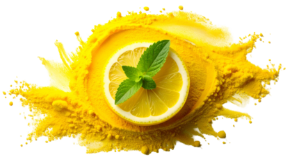 Lemon slice with mint, atop a vibrant yellow splash, black background
