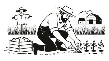Farmer Planting Seedlings on Farm Field Vector Silhouette Illustration