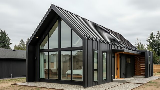 Modern Black Barn Style Tiny House ADU with Metal Siding and Large Glass Gable Window in Minimalist Gravel Backyard Overcast Day