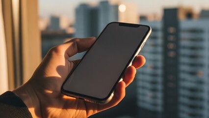 Hand holding a smartphone with a cityscape background during sunset buildings skyline