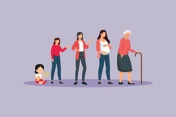 Age growth in women. Growing family&nbsp;life&nbsp;stage Concept. Colored flat vector illustration isolated