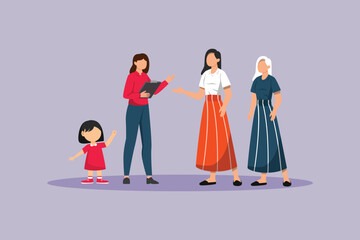 Stages of growth in women from childhood to old age. Growing family&nbsp;life&nbsp;stage Concept. Colored flat vector illustration isolated