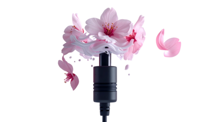 Delicate pink blossoms emerge from a dark, cylindrical object