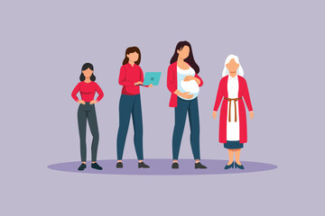 The process of changes in age and body shape of women from childhood to old age. Growing family&nbsp;life&nbsp;stage Concept. Colored flat vector illustration isolated