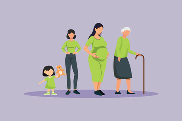 Stages of growth in women. Growing family&nbsp;life&nbsp;stage Concept. Colored flat vector illustration isolated