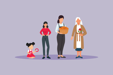 The process of age growth of the female family. Growing family&nbsp;life&nbsp;stage Concept. Colored flat vector illustration isolated