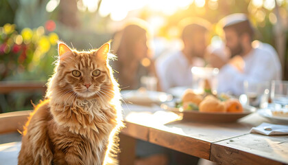 muslim sahur at home with ginger cat by outdoor dining table blurred family enjoying golden hour meal ideal for diverse cultural lifestyle.
