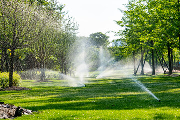 Obraz premium an automatic irrigation system watering a lush green garden. The scene is brightly lit by the sun, with water droplets visible in the air