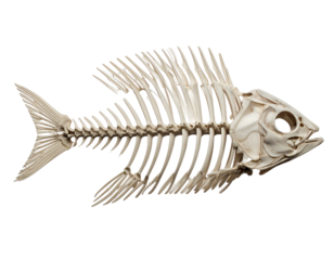 Isolated close-up of a fish skeleton on a black background