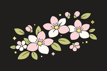floral cherry blossom branch with leaves on dark background © mr