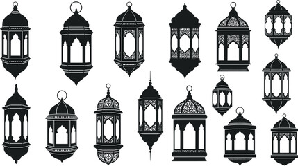 Group of traditional Islamic lantern silhouettes on white background Keywords: Islamic lantern, Ramadan lantern, Arabic lantern © MdAbdur