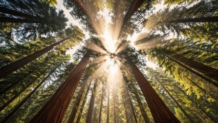 Sunlight shining through towering trees reaching towards sky