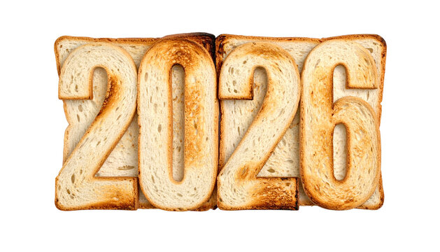 2026" displayed with sliced toasted bread pieces on a black background