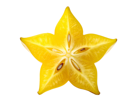 Cross-section of a ripe, star-shaped fruit, bright yellow against black - Powered by Adobe