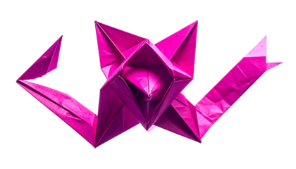 Origami creature with sharp angles, bright magenta, on a black background