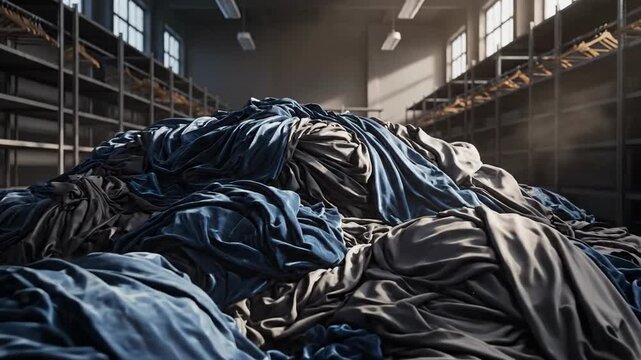 Industrial Warehouse Textile Piles Under Dim Lighting.