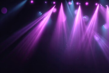 Dramatic stage lights beam in purple and blue, illuminating a dark performance space