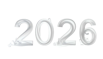 The year 2026, rendered in a shiny, liquid-like, silver font