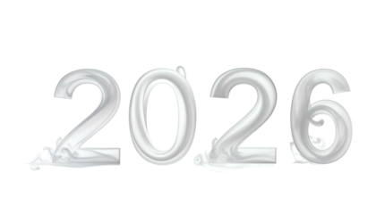 The year 2026, rendered in a shiny, liquid-like, silver font