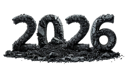 Digitally rendered year 2026, texturized with crumbling stone