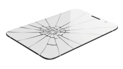 Shattered smartphone screen protector with a spiderweb crack pattern on a black background