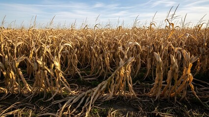 Dry golden corn stalks in a field under a blue sky with wispy clouds corn field dry corn golden stalks