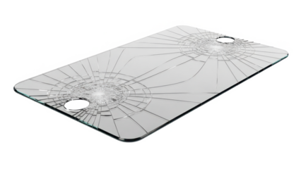 Shattered glass surface with multiple impact points creating intricate spiderweb cracks