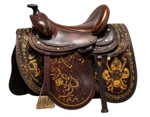 Elaborate leather horse saddle with gilded accents, side view
