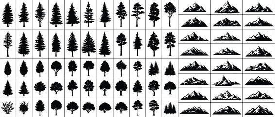 Silhouettes of Trees and Mountains, Nature Landscape Vector Illustration for Backgrounds, Posters and Outdoor Design © HOO 