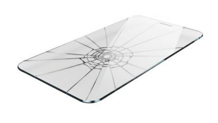 Shattered smartphone screen protector or damaged mobile phone display with radial cracks from impact