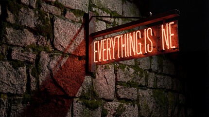 Illuminated Neon Sign on Mossy Stone Wall