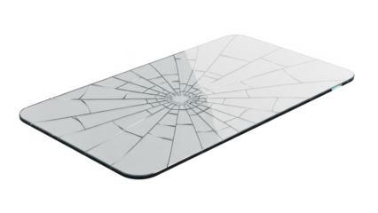 A broken smartphone or tablet screen with radiating cracks on a solid black background, showing damage