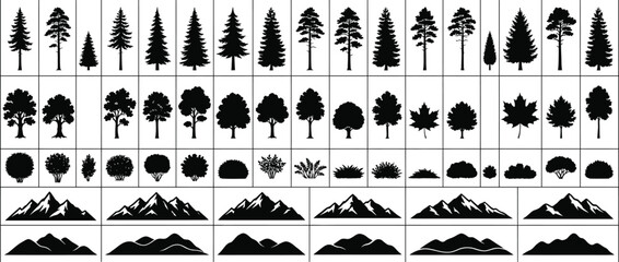 Silhouettes of Trees and Mountains, Nature Landscape Vector Illustration for Backgrounds, Posters and Outdoor Design © HOO 